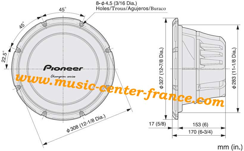 Pioneer TSW310S4 - TSW 310 S4 - TS-W310  - TS-W 310 sub subwoofer dimension